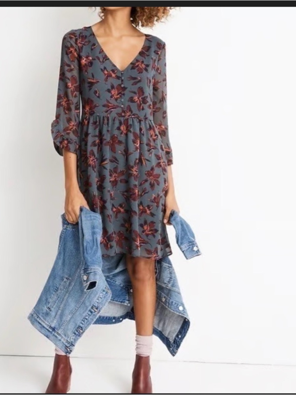 Madewell Teal Floral Blouse with Rust and Burgundy Accents
